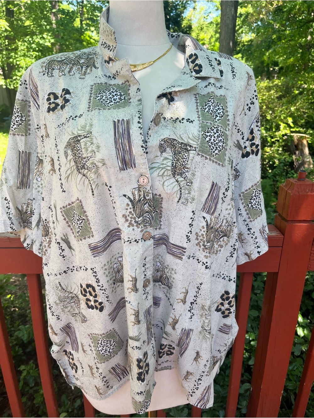 Tcpestry Safari Animal Print Button Front Blouse Leopard Tiger Retro 90’s